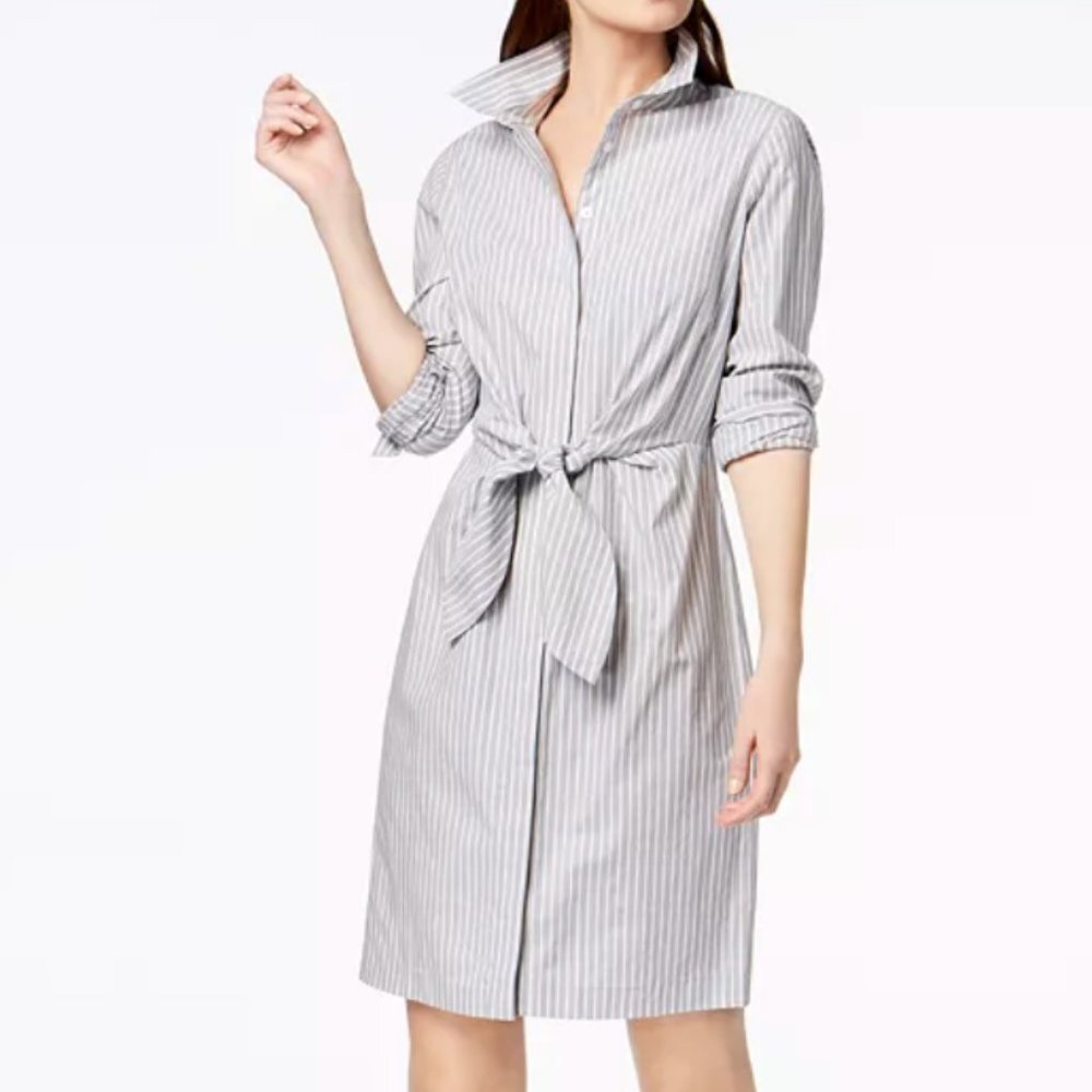 Calvin Klein Cotton Striped Tie-Waist Shirtdress Size 12